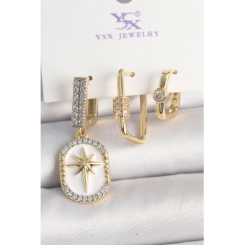 Pirinç Gold Renk Sallantı Zirkon Taş İşlmeli Yıldız Portre Model 3Lü Kadın Kombin Küpe - TJ-BKP10452