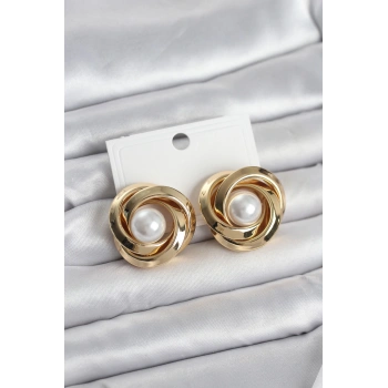Pirinç Gold Renk Sarmal Model İncili Kadın Küpe - TJ-BKP11684