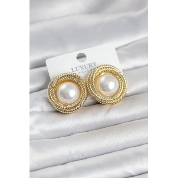 Pirinç Gold Renk Sarmal Model İncili Kadın Küpe - TJ-BKP11778