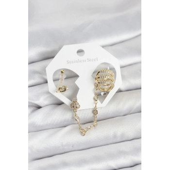 Pirinç Gold Renk Sarmal Model Zincir Bağlantılı Ear Cuff Küpe Seti - TJ-BKP11536