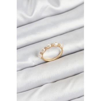 Pirinç Gold Renk Sıralı İncili Kadın Yüzük - TJ-BYK3844