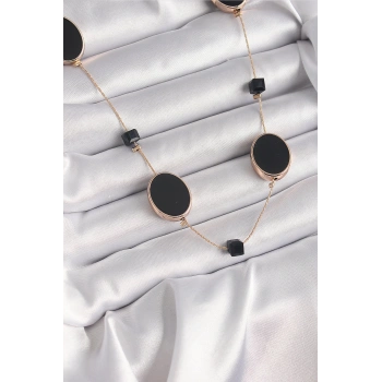 Pirinç Gold Renk Siyah Renk Oval Siyah Küp Detay Kadın Kolye - TJ-BKO9625