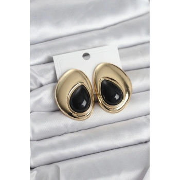 Pirinç Gold Renk Siyah Taşlı Damla Model Vintage Kadın Küpe - TJ-BKP11681