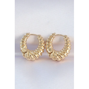 Pirinç Gold Renk Tırtık Detay Bombeli Halka Küpe - TJ-BKP8972