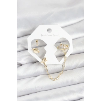 Pirinç Gold Renk Uzay Model Zincir Bağlantılı Ear Cuff Küpe Seti - TJ-BKP11542