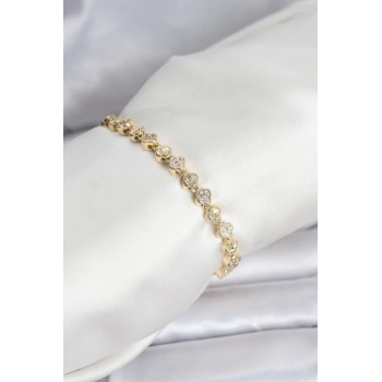 Pirinç Gold Renk VIP Seri Sıralı Yonca Model Zirkon Taşlı Kadın Bileklik - TJ-BB8273