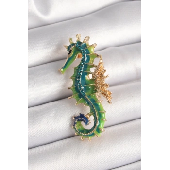 Pirinç Gold Renk Yeşil Deniz Atı Model Zirkon Taş Detay Kadın Broş - TJ-BR435