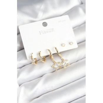 Pirinç Gold Renk Yıldız Model 925 Gümüş Çivili Kadın Küpe Seti - TJ-BKP11256