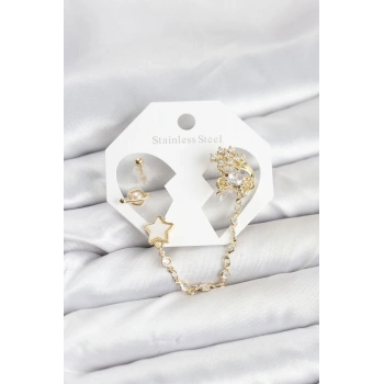 Pirinç Gold Renk Yıldız Model Zincir Bağlantılı Ear Cuff Küpe Seti - TJ-BKP11538