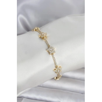 Pirinç Gold Renk Yıldız Model Zirkon Taşlı Kadın Bileklik - TJ-BB8410