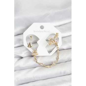 Pirinç Gold Renk Yıldızlı Model Zincir Bağlantılı Ear Cuff Küpe Seti - TJ-BKP11540
