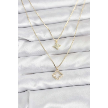Pirinç Gold Renk Yonca Model 2li Kadın Kolye - TJ-BKO10801