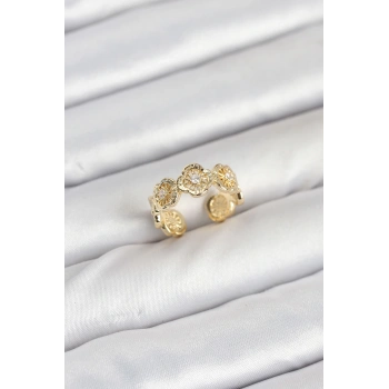 Pirinç Gold Renk Yonca Model Kadın Yüzük - TJ-BYK3894