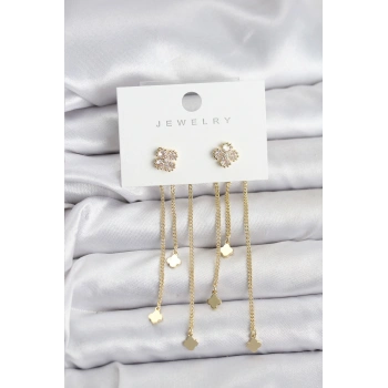 Pirinç Gold Renk Yonca Model Sallantılı Kadın Küpe - TJ-BKP11455