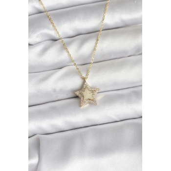 Pirinç Gold Renk Zincirli Yıldızlı Model Kadın Kolye - TJ-BKO10751