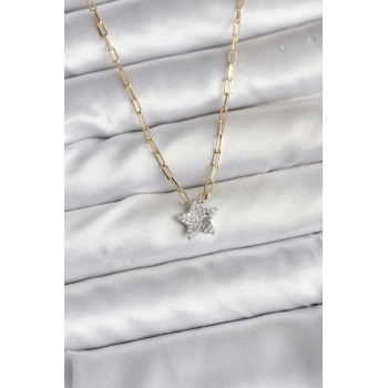 Pirinç Gold Renk Zincirli Zirkon Taşlı Minimal Yıldız Model Kadın Kolye - TJ-BKO10752