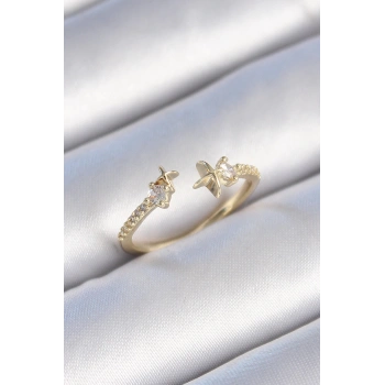 Pirinç Gold Renk Zirkon Taş Detay Yıldız Model Kadın Yüzük - TJ-BYK3446