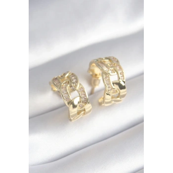 Pirinç Gold Renk Zirkon Taş Detay Zincir Model Kadın Küpe - TJ-BKP8452