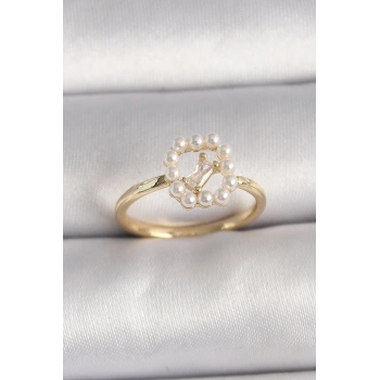 Pirinç Gold Renk Zirkon Taş Detaylı İncili Ayarlanabilir Yüzük - TJ-BYK3541