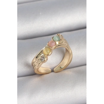 Pirinç Gold Renk Zirkon Taş Detaylı Karışık Mineli Ayarlanabilir Kadın Yüzük - TJ-BYK3729