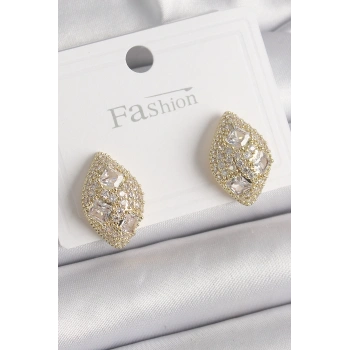 Pirinç Gold Renk Zirkon Taş İşlemeli Damla Model Kadın Küpe - TJ-BKP9862
