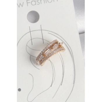 Pirinç Gold Renk Zirkon Taşlı 3Lü Sıralı Model Kadın Kıkırdak Küpe - TJ-BKP10580