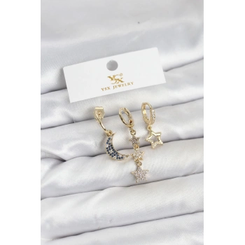 Pirinç Gold Renk Zirkon Taşlı Ay ve Yıldız Model YSX Trio Küpe Seti - TJ-BKP11574