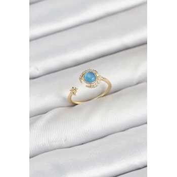 Pirinç Gold Renk Zirkon Taşlı Ay Yıldız Kadın Yüzük - TJ-BYK3860