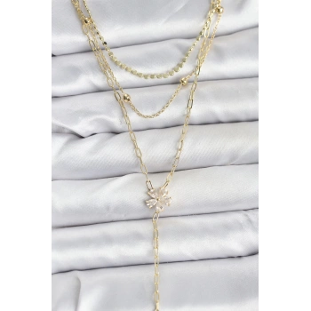 Pirinç Gold Renk Zirkon Taşlı Çiçek Model Detaylı 3lü Kombin Y Kadın Kolye - TJ-BKO10697