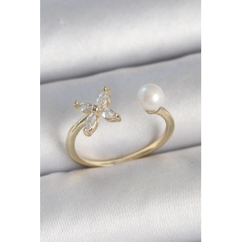 Pirinç Gold Renk Zirkon Taşlı Çiçek Model İnci Detay Ayarlanabilir Kadın Yüzük - TJ-BYK3727