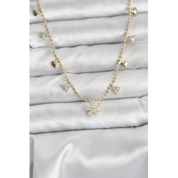 Pirinç Gold Renk Zirkon Taşlı Çiçek Model Kadın Kolye - TJ-BKO10642