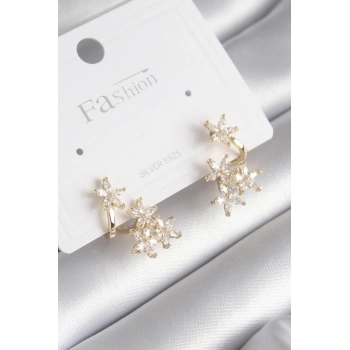 Pirinç Gold Renk Zirkon Taşlı Çiçek Tasarım Kadın Küpe - TJ-BKP8605