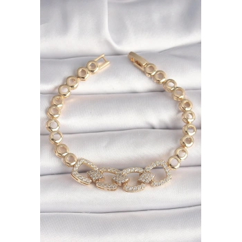 Pirinç Gold Renk Zirkon Taşlı Daire Zincir Model Kadın Bileklik - TJ-BB6842