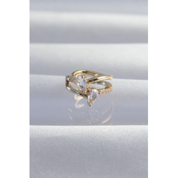 Pirinç Gold Renk Zirkon Taşlı Damla Earcuff Küpe - TJ-BKP9335