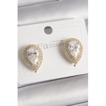 Pirinç Gold Renk Zirkon Taşlı Damla Model Kadın Küpe - TJ-BKP9917