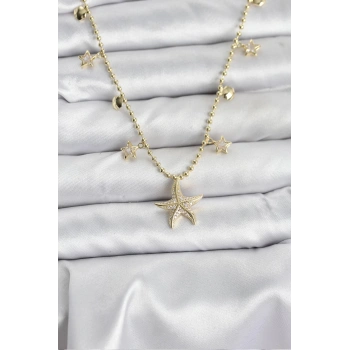Pirinç Gold Renk Zirkon Taşlı Deniz Yıldızı Model Kadın Kolye - TJ-BKO10644
