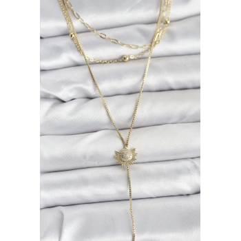 Pirinç Gold Renk Zirkon Taşlı Güneş Model Detaylı 3lü Kombin Y Kadın Kolye - TJ-BKO10698