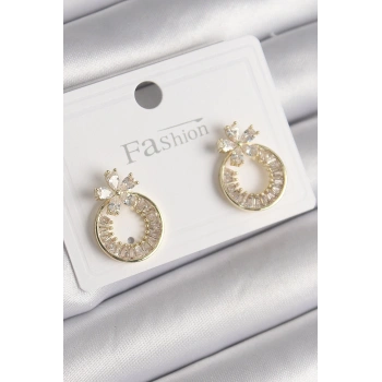 Pirinç Gold Renk Zirkon Taşlı Halka Model Çiçek Figür Kadın Küpe - TJ-BKP9762