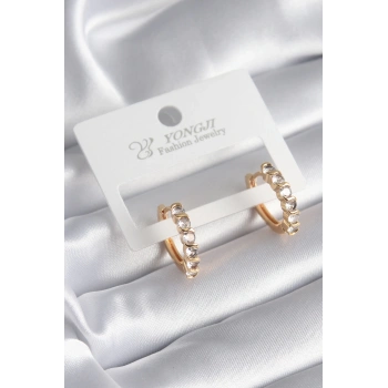 Pirinç Gold Renk Zirkon Taşlı Halka Model Kadın Küpe - TJ-BKP8340