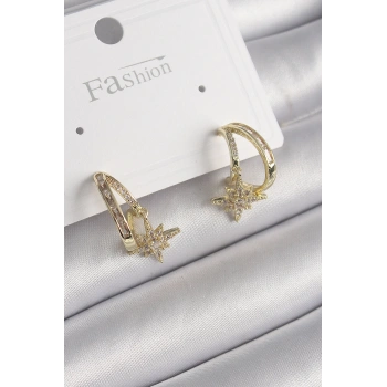 Pirinç Gold Renk Zirkon Taşlı Halka Model Yıldız Detay Kadın Küpe - TJ-BKP9989
