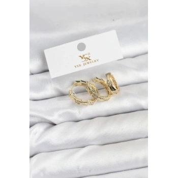 Pirinç Gold Renk Zirkon Taşlı Halka Yılan Model YSX Trio Küpe Seti - TJ-BKP11572