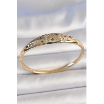 Pirinç Gold Renk Zirkon Taşlı Hilal İşleme Mavi Taşlı Yıldız Detay Kadın Kelepçe - TJ-BB6920