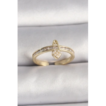 Pirinç Gold Renk Zirkon Taşlı İnci Detay Kilit Kalp Figür Ayarlanabilir Yüzük - TJ-BYK3537