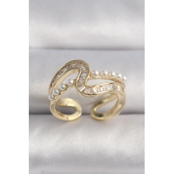 Pirinç Gold Renk Zirkon Taşlı İnci Detay VIP Seri Kadın Yüzük - TJ-BYK3512