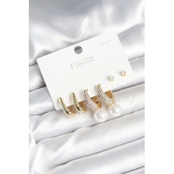 Pirinç Gold Renk Zirkon Taşlı İnci Detaylı 925 Ayar Gümüş Çivili Kadın Küpe Seti - TJ-BKP11252