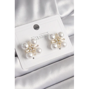 Pirinç Gold Renk Zirkon Taşlı İncili Kadın Küpe - TJ-BKP9947