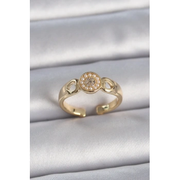 Pirinç Gold Renk Zirkon Taşlı İncili Kalp İşleme Detay Ayarlanabilir Kadın Yüzük - TJ-BYK3358