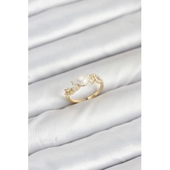 Pirinç Gold Renk Zirkon Taşlı İncili Model Kadın Yüzük - TJ-BYK3852