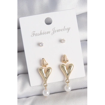 Pirinç Gold Renk Zirkon Taşlı İncili Sallantılı Kalp Model 3 Çift Kadın Küpe Seti - TJ-BKP10608