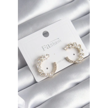 Pirinç Gold Renk Zirkon Taşlı Kadın Küpe - TJ-BKP8509